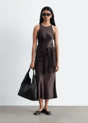 Robe midi en satin sans manches - Marron foncé — photo 3