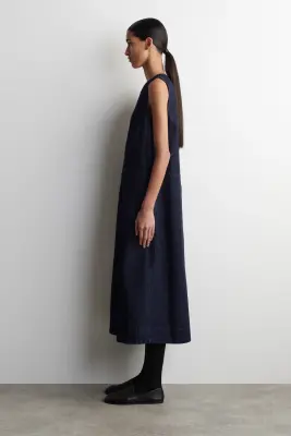 ROBE MIDI TRAPÈZE EN DENIM - BLEU ENCRE — photo 1