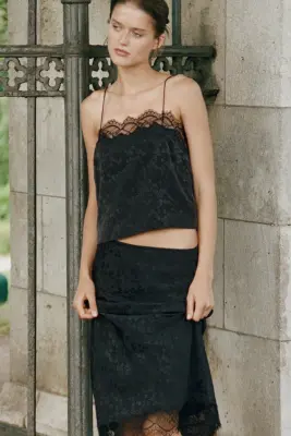 Top en tissu jacquard avec dentelle - Noir — photo 1