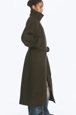 Manteau croisé ceinturé en mélange de laine - Vert kaki foncé — photo 3