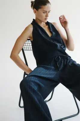 Pantalon froissé avec cordon de serrage - Bleu marine — photo 1