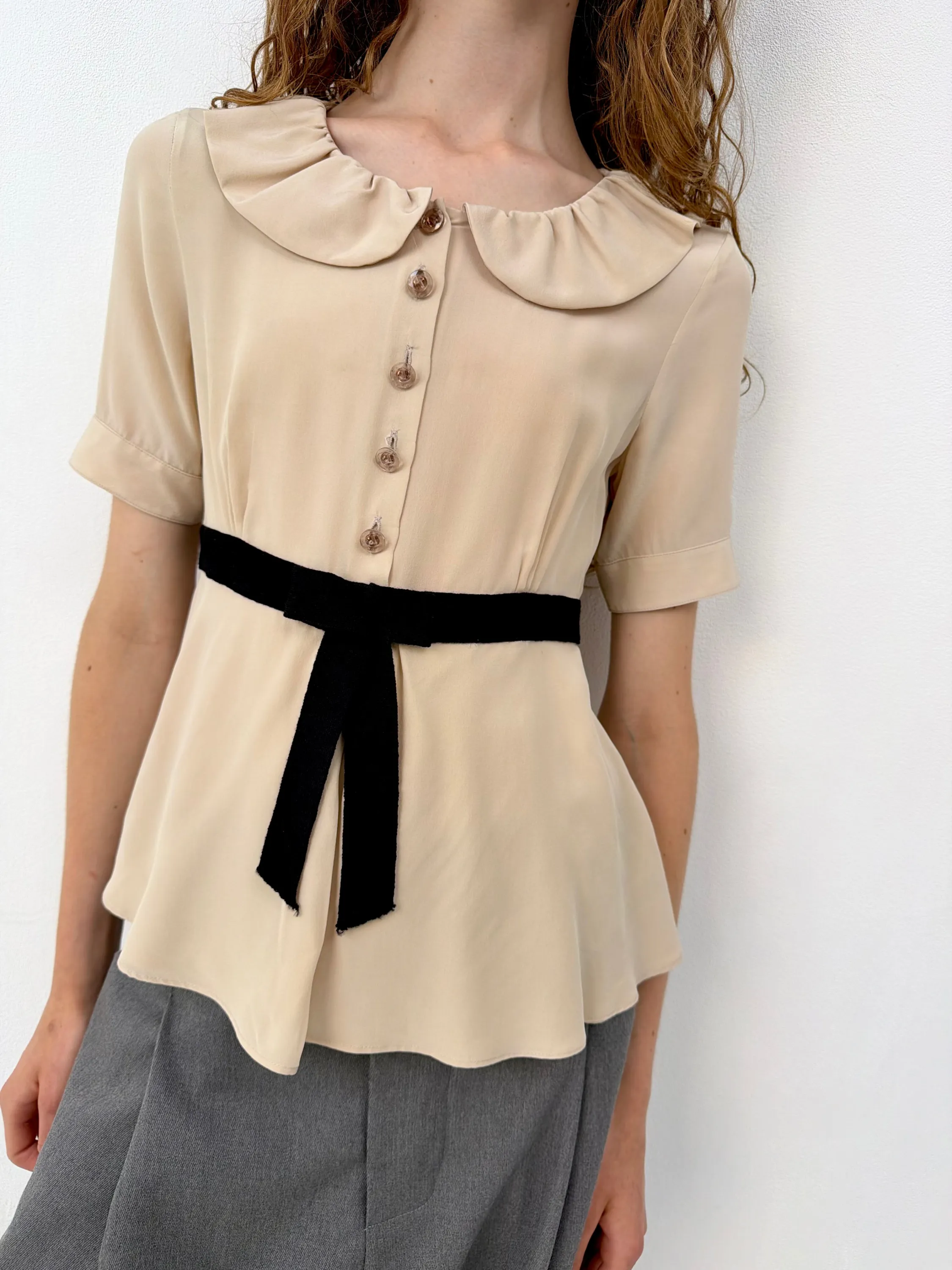 Beige & Black Bow Blouse