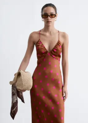 Robe combinaison midi en satin - Brun foncé/À pois — photo 2