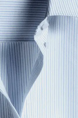 CHEMISE RAYÉE EN MÉLANGE DE COTON À COL ITALIEN - BLEU / BLANC / RAYURES — photo 3