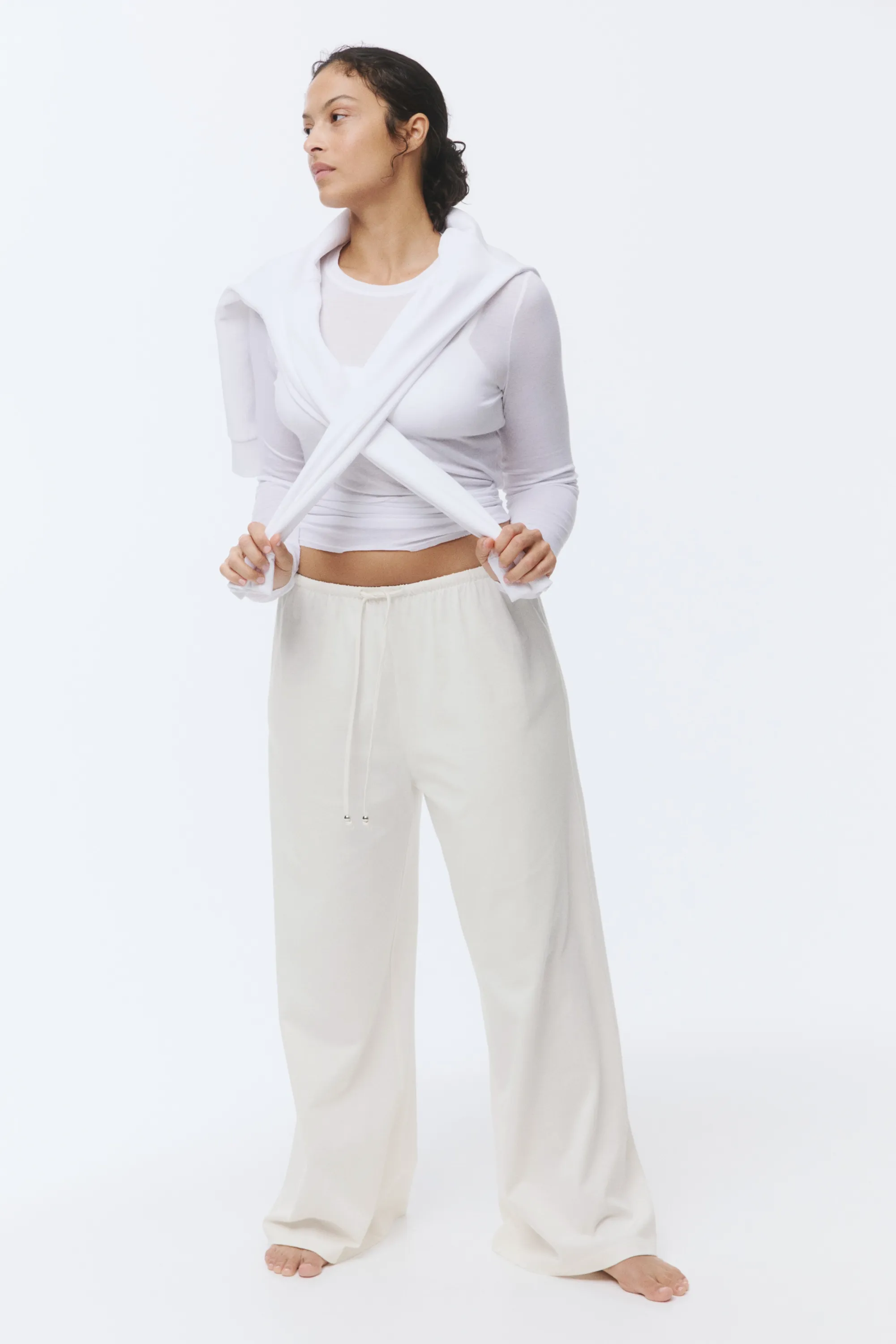 Pantalon en coton avec cordon de serrage - Crème