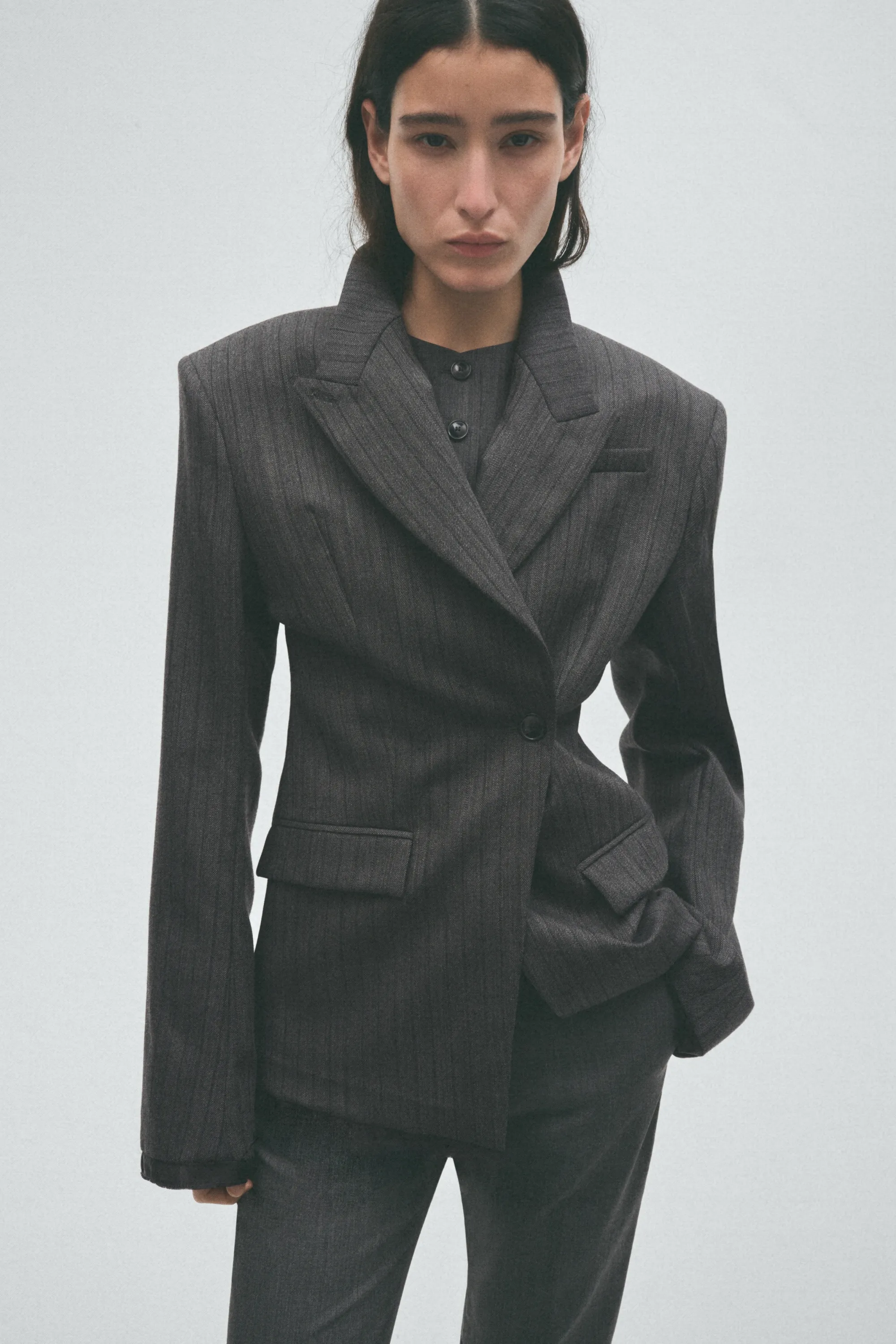 Blazer droit en laine - Gris foncé chiné