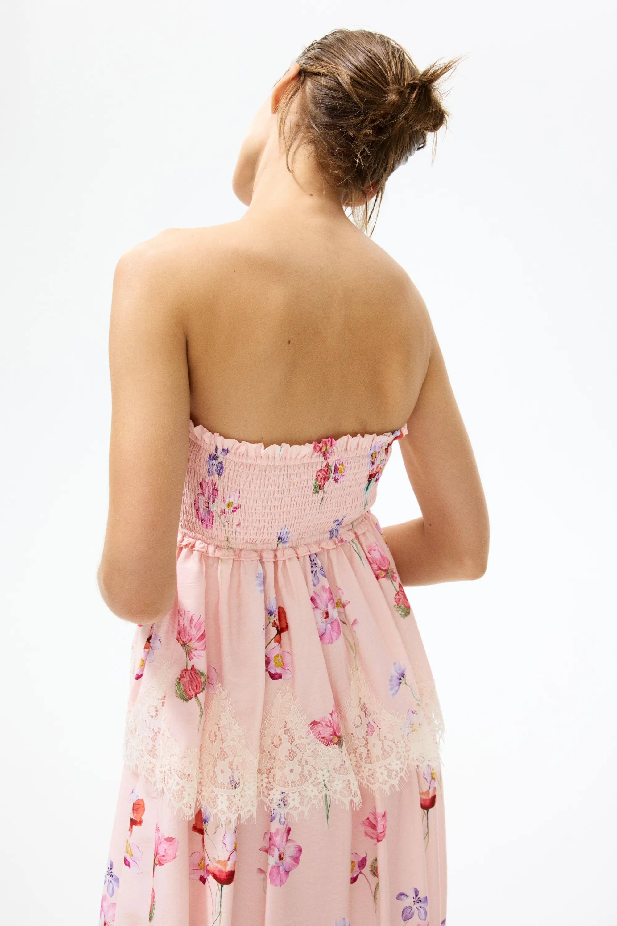 Robe bandeau avec dentelle - Rose clair/fleuri