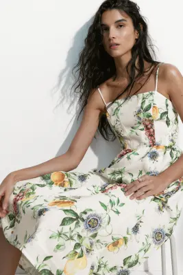 Robe midi à bretelles fines - Blanc/pêches — photo 4