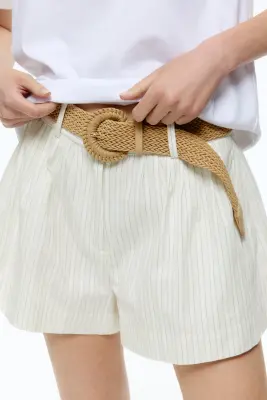 Short en coton avec ceinture - Beige clair/rayé — photo 1