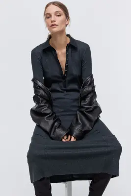 Robe polo en maille fine - Gris foncé chiné — photo 2