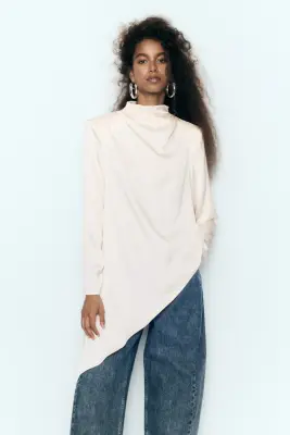 Blouse en satin avec détail à nouer - Crème — photo 3