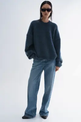 Pull brossé en mohair mélangé - Bleu pigeon — photo 1