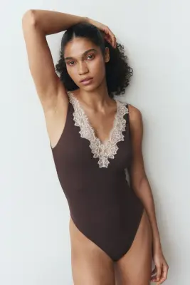 Body string en coton avec encolure en V - Marron foncé — photo 1