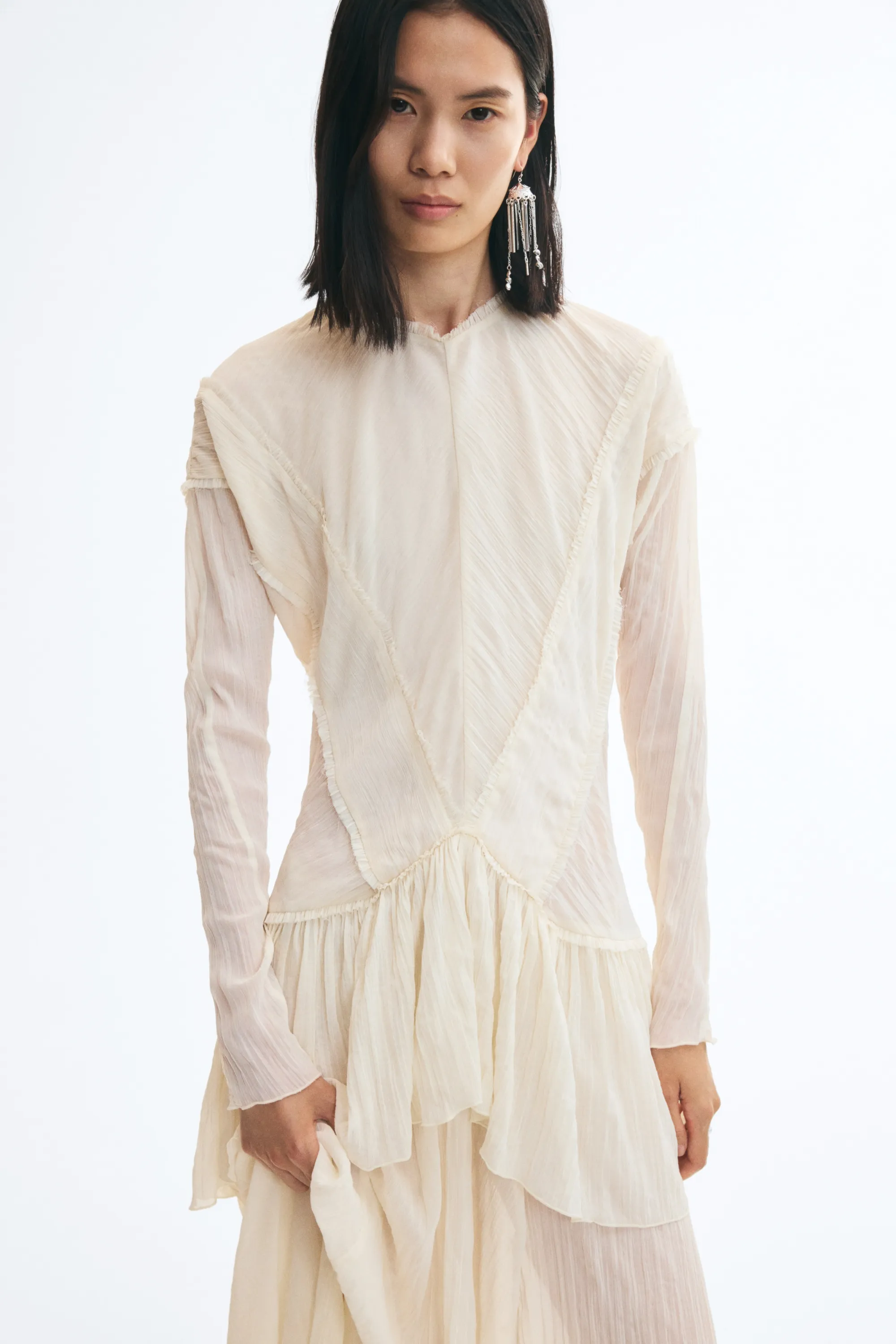 Robe froissée avec volants ruchés - Crème