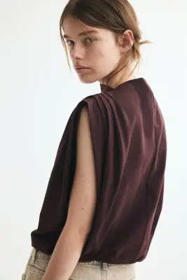 Top plissé en coton - Marron foncé — photo 4