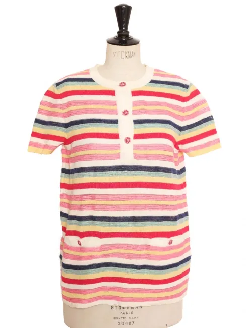 Top manches courtes en maille à rayures multicolor rouge rose jaune vert Prix boutique 1770€ Taille 40