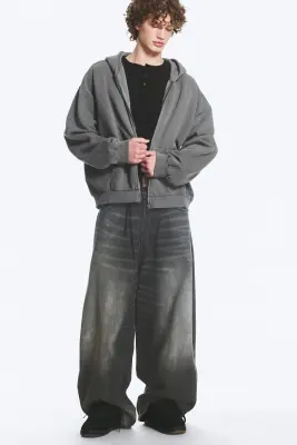 Sweat à capuche ample épais zippé - Gris délavé — photo 1