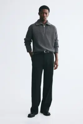 Pull Regular Fit en laine avec col zippé - Gris foncé — photo 2