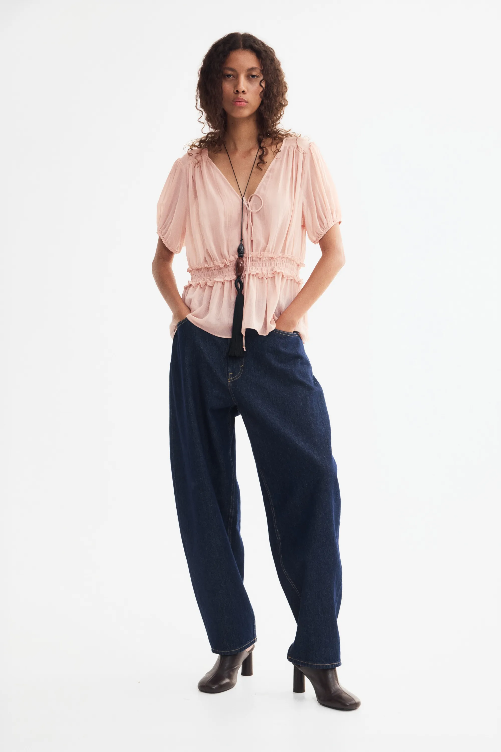 Blouse péplum à manches bouffantes - Rose clair