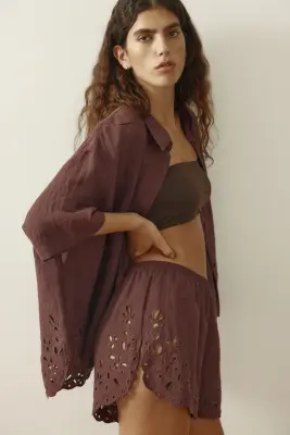 Short avec broderie anglaise - Marron foncé — photo 2