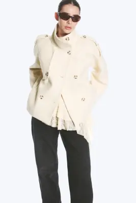 Veste en laine mélangée à col cheminée - Blanc cendré — photo 2