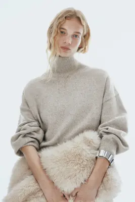Pull oversize à col cheminée - Taupe clair chiné — photo 1