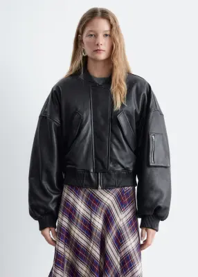 Veste style bomber courte en cuir - Noir — photo 3