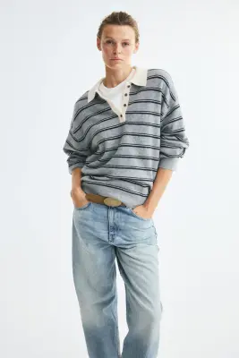 Polo oversize en maille fine - Gris chiné/rayé — photo 2