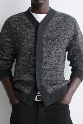 CARDIGAN EN LAINE COL EN V À FINITION CONTRASTÉE - GRIS CHINÉ — photo 3