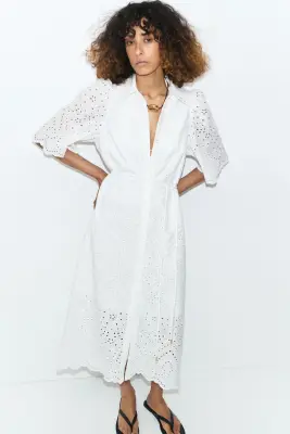 Robe chemise en coton avec broderie anglaise - Blanc — photo 1