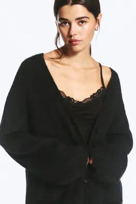 Cardigan doux en maille à col en V - Noir — photo 1