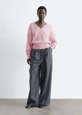 Pull à col en V côtelé en laine et en coton - Rose — photo 2