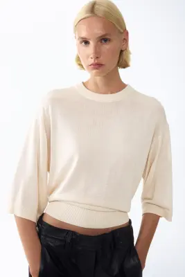 Top à manches courtes en maille fine - Beige clair — photo 2
