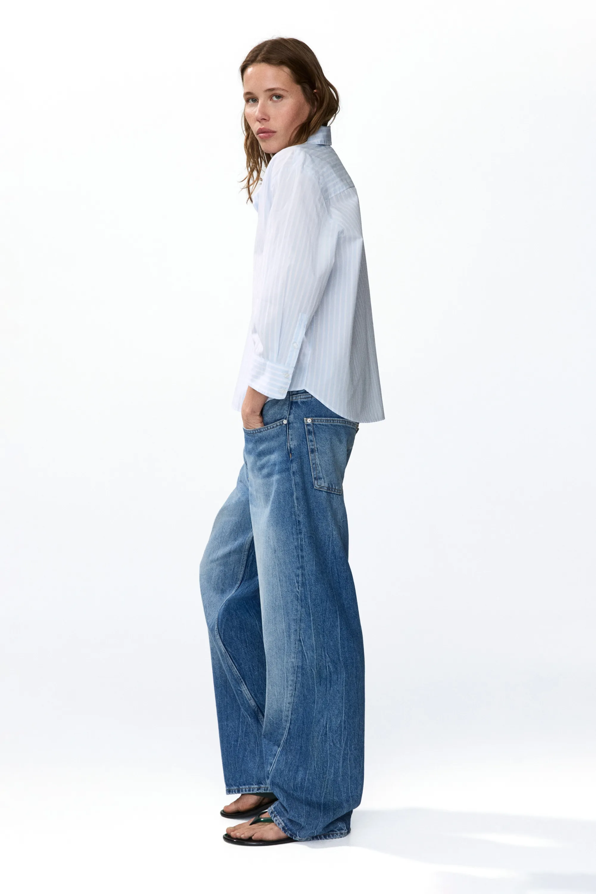 Chemise en popeline de coton - Bleu clair/rayé