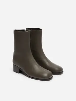 Bottines en cuir à bout carré - Gris foncé — photo 2