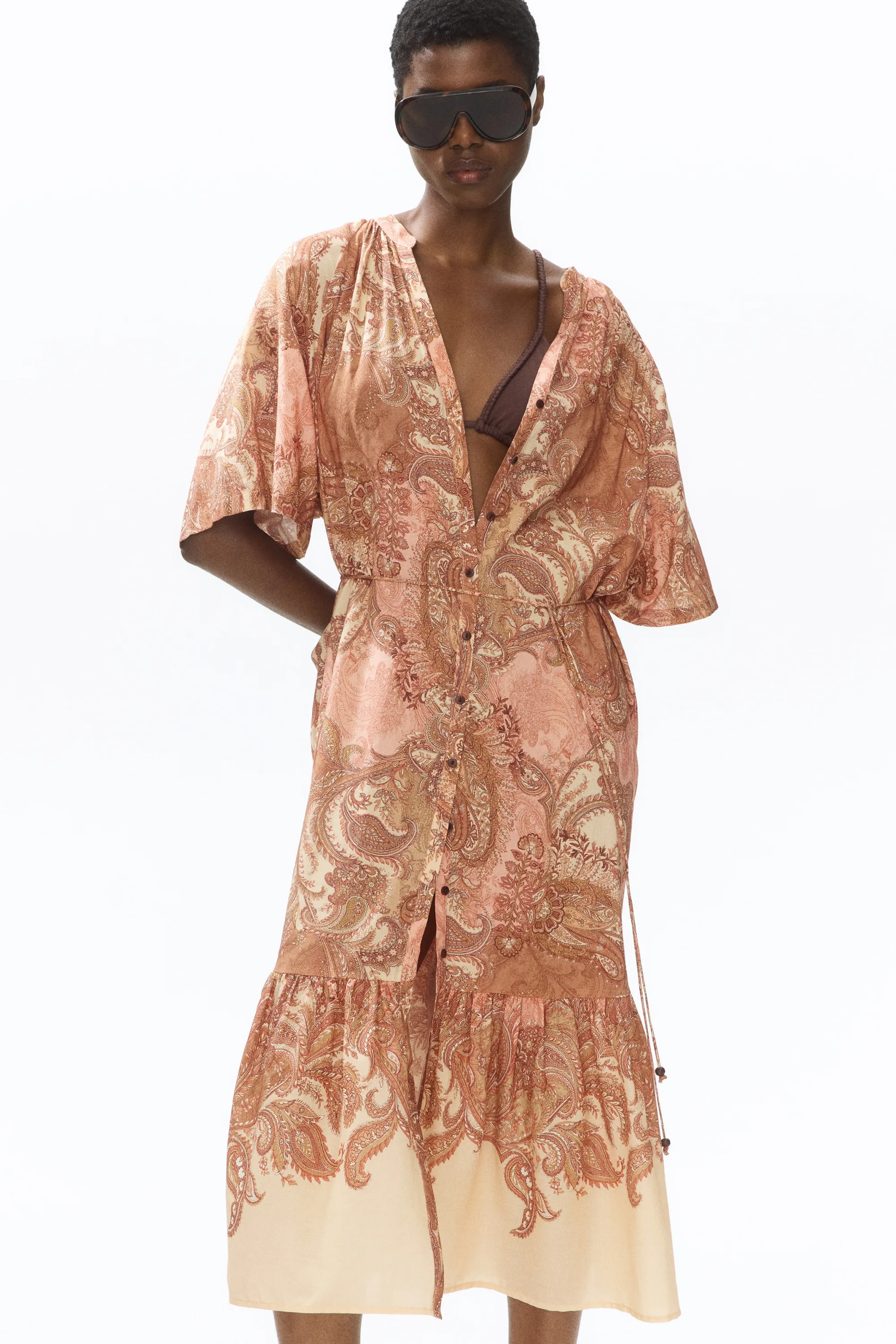 Robe à manches courtes avec ceinture à nouer - Beige/motif cachemire