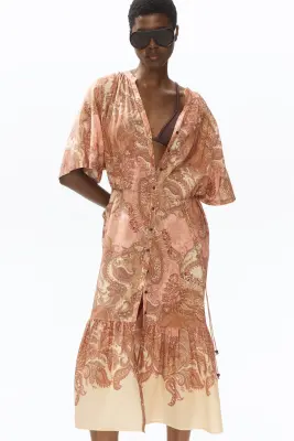 Robe à manches courtes avec ceinture à nouer - Beige/motif cachemire — photo 1