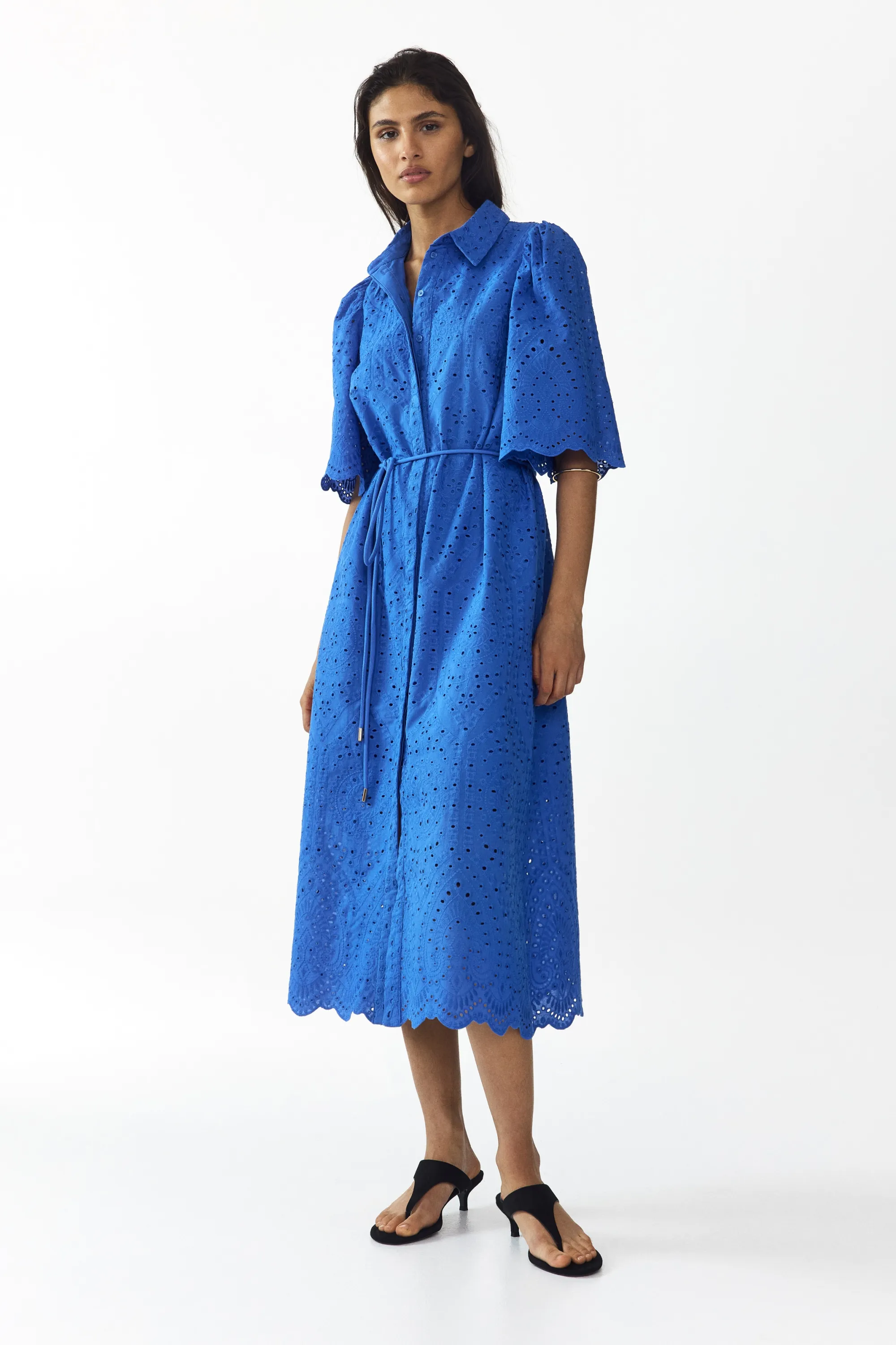 Robe chemise en coton avec broderie anglaise - Bleu vif