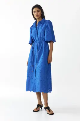 Robe chemise en coton avec broderie anglaise - Bleu vif — photo 1