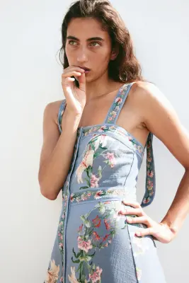 Robe en viscose mélangée avec bretelles à nouer - Bleu ancien/fleuri — photo 1