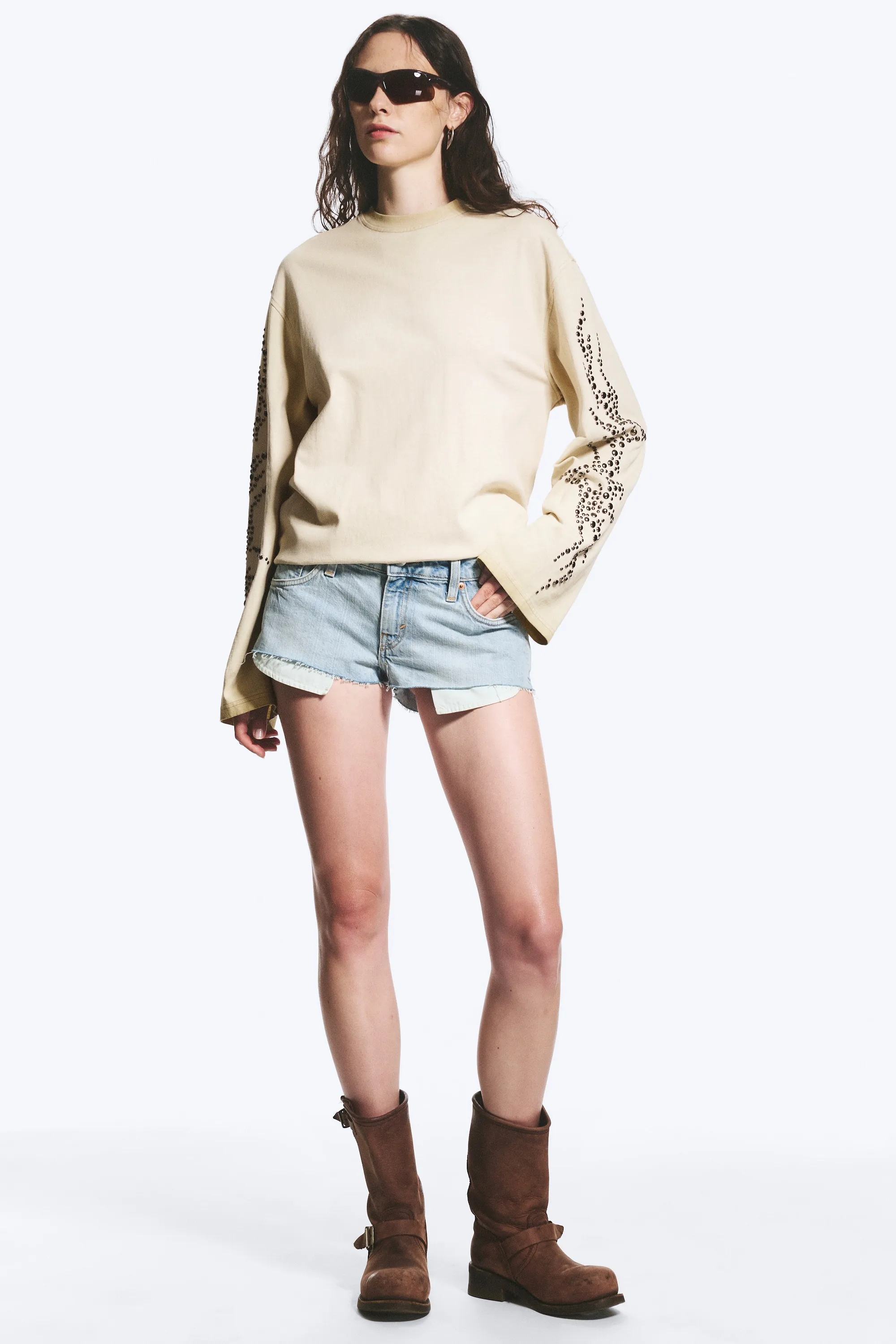 T-shirt à manches longues graphique oversize - Beige Poudré - Clouté