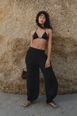 Pantalon froissé avec cordons de serrage - Noir — photo 2