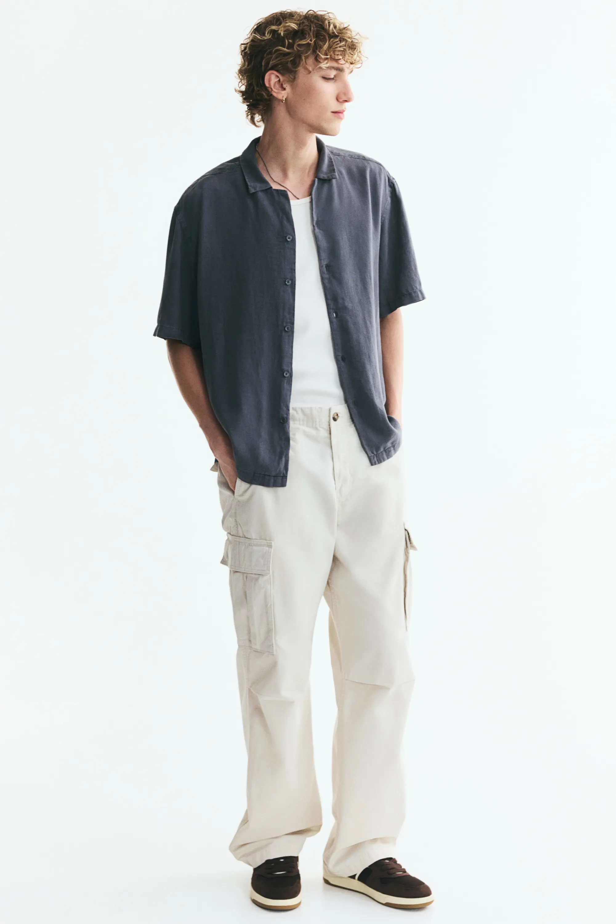 Chemise Relaxed Fit en lin mélangé avec col cubain - Gris foncé