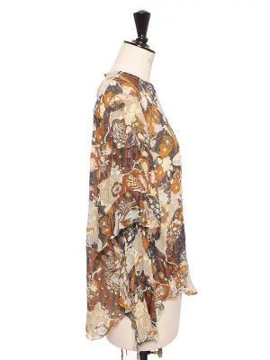 Blouse en soie manches longues fleuri camel beige et lamé doré Prix boutique 1290€ Taille 36 — photo 3