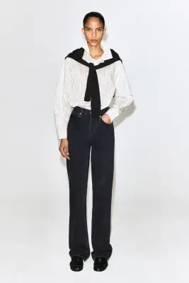 CHEMISE RAYÉE À COL MONTANT EN COTON ET SOIE - IVOIRE / BRUN / RAYURES — photo 2