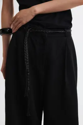 Pantalon en lin mélangé avec ceinture à nouer - Noir — photo 1