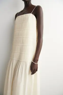 ROBE MIDI FRONCÉE À TAILLE BASSE EN POPELINE - IVOIRE — photo 2
