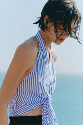 Top dos nu avec détail noué - Bleu/rayé — photo 3