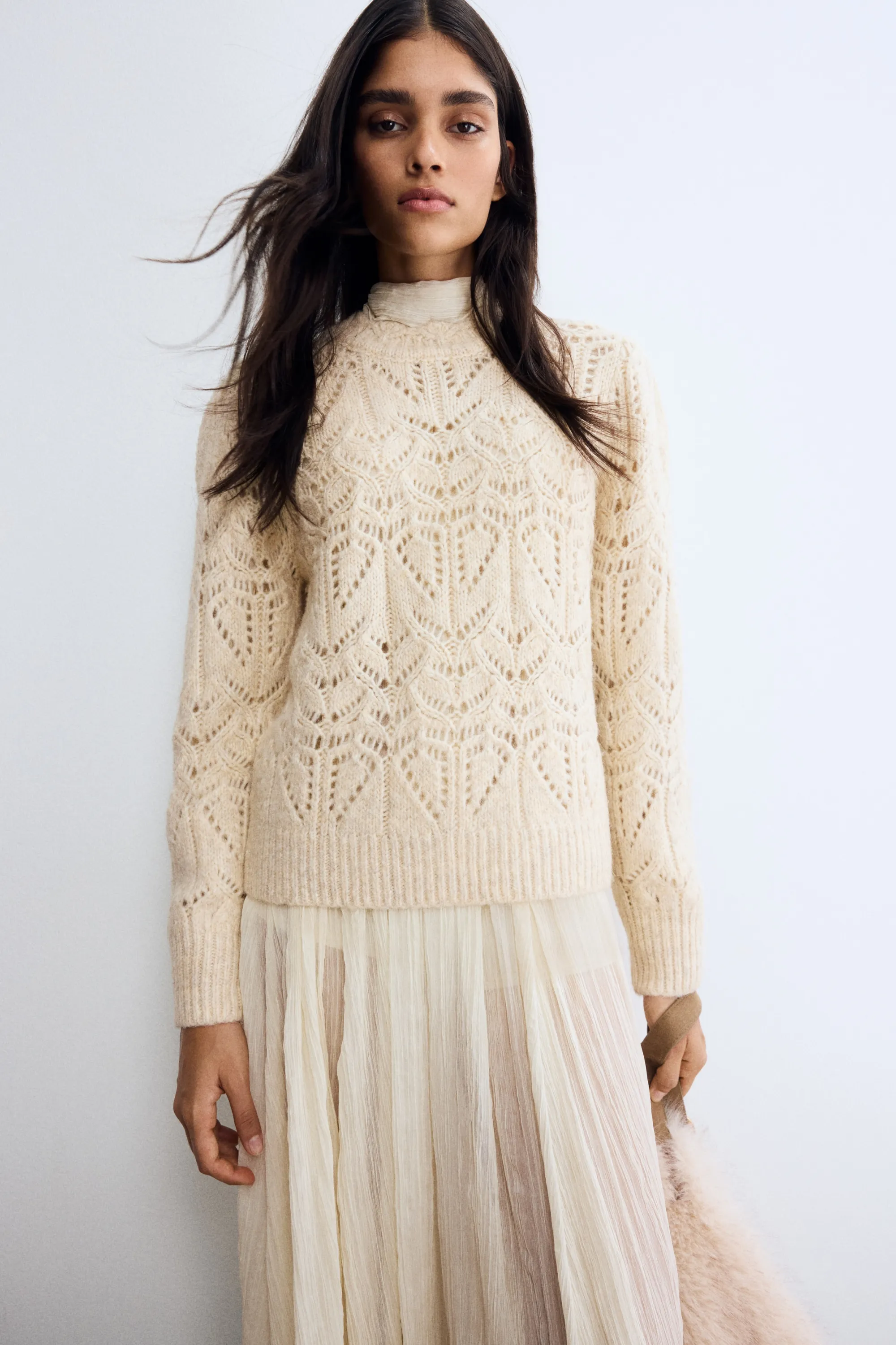 Pull en maille pointelle - Beige clair