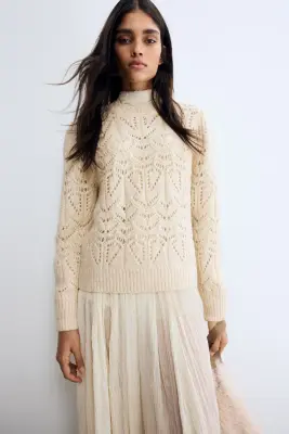 Pull en maille pointelle - Beige clair — photo 1